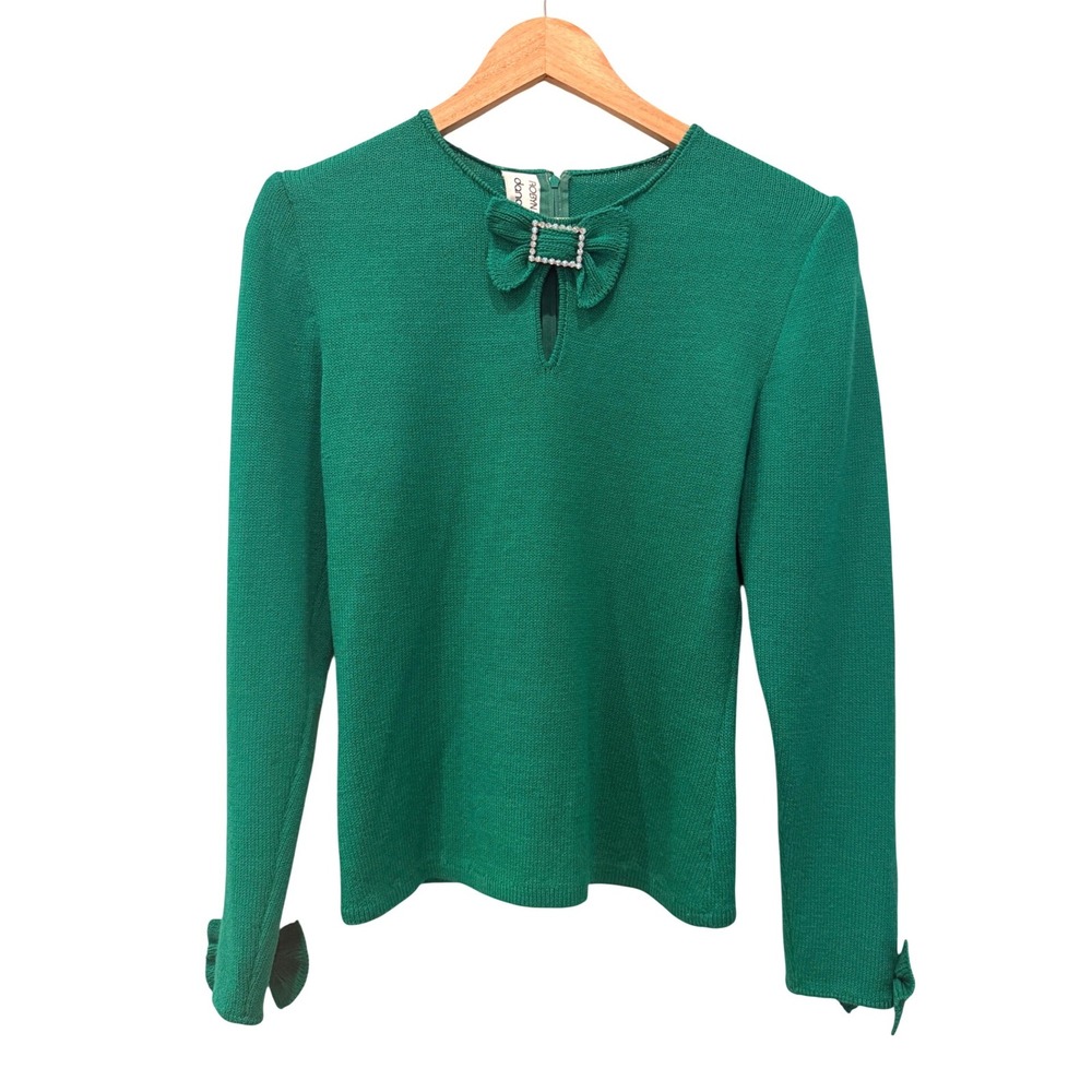 Vintage Robyn Michelle for Dana Hogan Green Knit Top Rhinestone Bow Accents